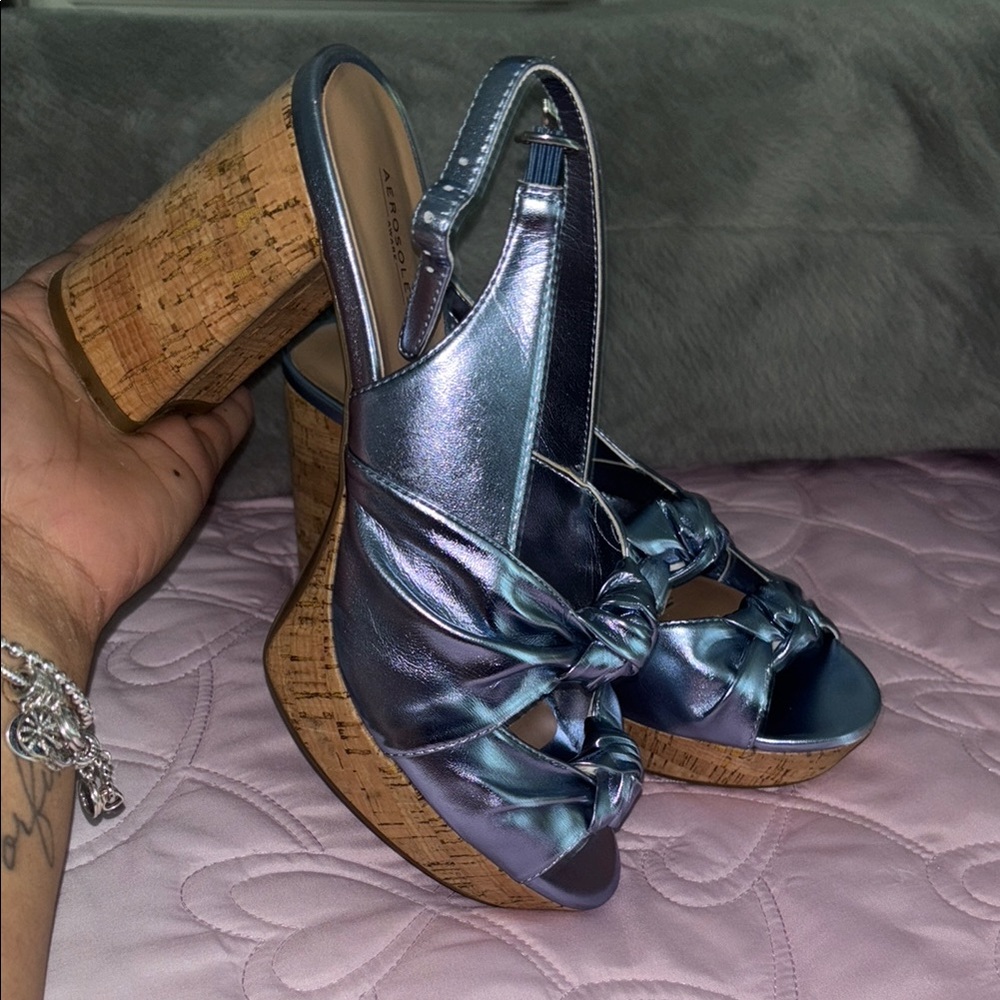 Silver Platform Slingback Shoes with Bow Detail